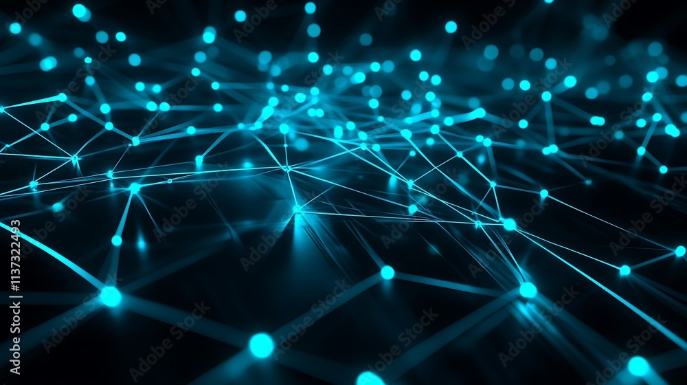 Poster abstract digital network connectivity with bright blue points and lines on dark background