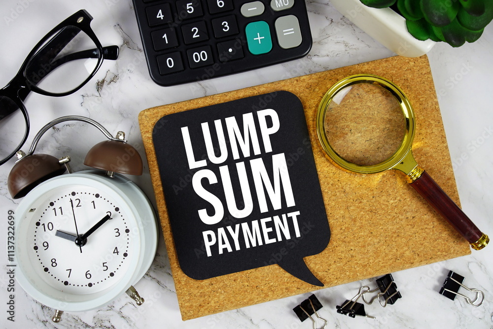 Poster lump sum payment text on speech bubble with alarm clock, calculator and magnifying glass on marble b