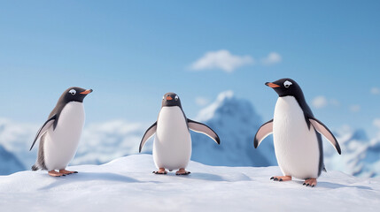 Obraz premium Three Penguins on Snowy Hilltop 