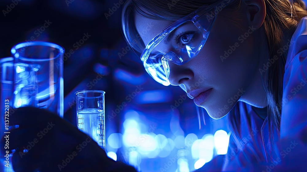 Poster a dedicated female scientist in a laboratory setting focuses on her important research task, manipul