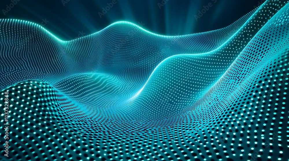Poster abstract digital wave with glowing blue dots in a futuristic environment creating a sense of motion 