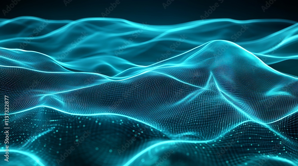 Poster abstract digital waves in bright blue light creating an ethereal oceanic landscape with flowing move