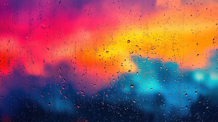 Slow-motion rain design. Colorful abstract background with rain droplets on glass.