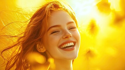 Fototapeta premium A joyful young woman showcases her excitement and happiness with a radiant smile and energetic pose. The bright yellow background enhances the vibrant mood and cheerful a