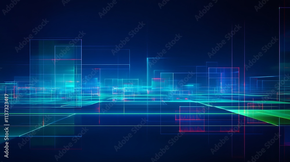 Poster abstract futuristic background with colorful geometry and light effect in blue and green tones