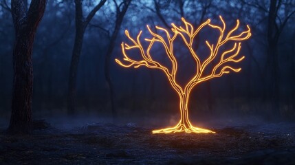 Glowing Tree in Dark Forest, Night Scene | Dark fantasy