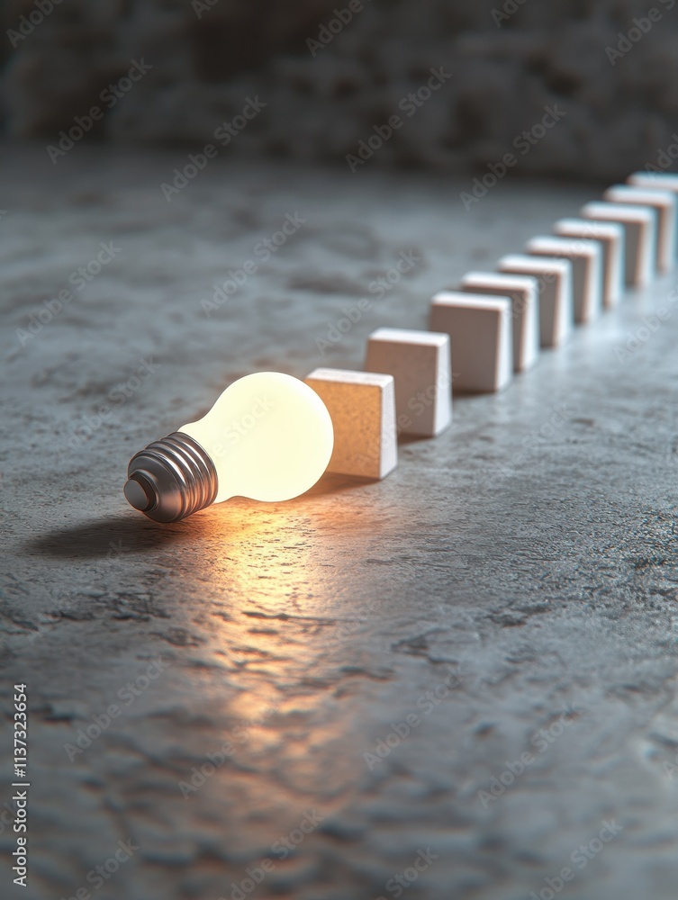 Poster light bulb drawing in a row of gray domino, stopping the falling dominoes, problem solving and solut