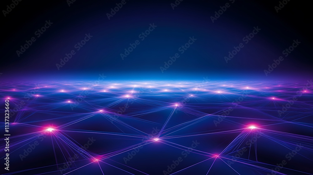 Poster abstract futuristic background with neon lights and connected nodes illuminating softly in blue and 