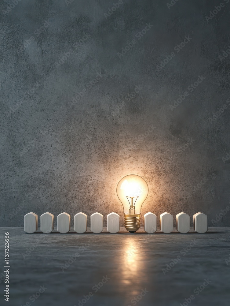 Poster light bulb drawing in a row of gray domino, stopping the falling dominoes, problem solving and solut