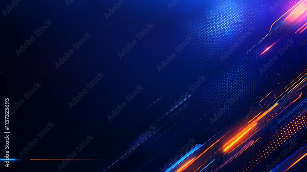 Poster abstract futuristic background with vibrant blue and orange lines and dots for technology and design