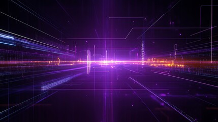 Abstract Futuristic Background with Light Beams and Digital Elements in Purple and Blue Hue Colors