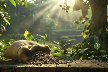 Coffee beans on the wooden table with sunrise in the morning.
