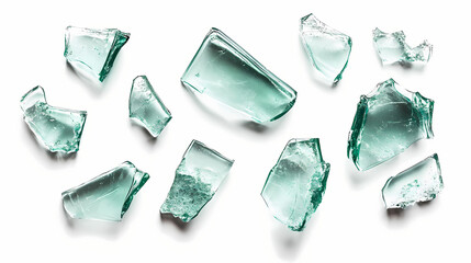 Collection of cracked pieces of shattered glass isolated against a clean white surface with a minimalist design Shattered. Illustration