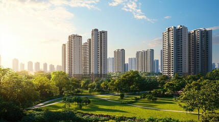 Fototapeta premium A stunning view of a modern residential complex surrounded by greenery and vibrant nature, showcasing clean lines and a peaceful urban lifestyle under a bright blue sky.