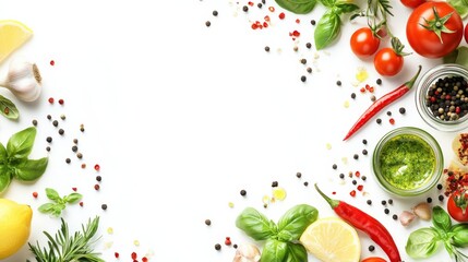 Colorful food ingredients arranged as flat lay on white background with basil, chili peppers, tomatoes, lemon, garlic, and pesto