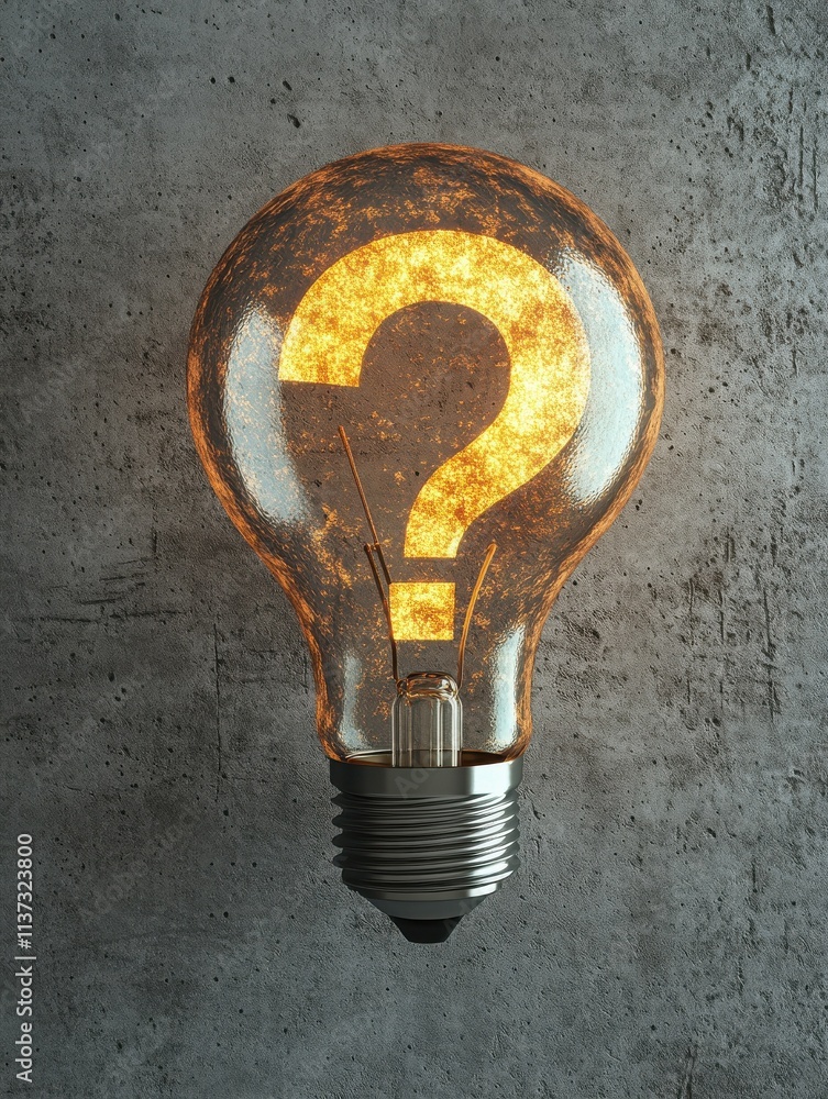 Poster lightbulb and drawing question mark on grey concrete wall background. success and startup concept. 3