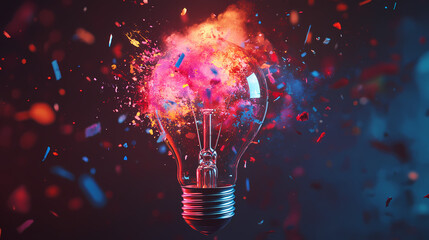 Colorful paint splatter on shattered light bulb sparks creativity. Shattered. Illustration