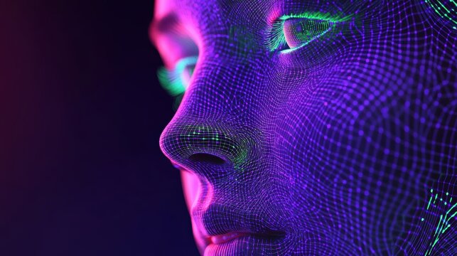 Close-up of a digital AI face with neon green and purple light accents, demonstrating the advanced neural networks and processing power in a cybernetic environment