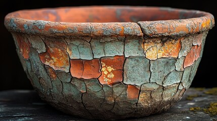 Fototapeta premium A weathered ceramic bowl with cracked paint and earthy tones, showcasing age and texture.