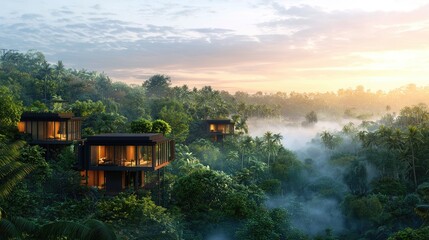 Fototapeta premium Experience the serene beauty of a lush green forest shrouded in mist, highlighting the rich biodiversity and tranquil atmosphere of this tropical landscape at dawn.