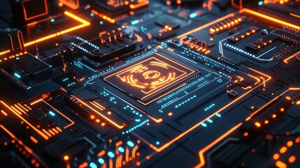 Close-up of a futuristic AI interface with a glowing neon circuit board background, highlighting the intricate details of artificial intelligence technology in a high-tech setting 