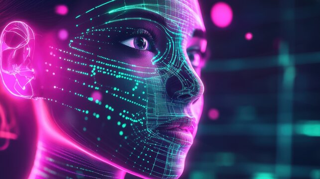 Close-up of an AI assistant hologram with neon pink and green light accents, highlighting the interactive and responsive nature of artificial intelligence in a sleek, modern tech setting