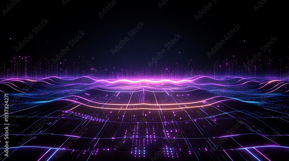 Poster abstract futuristic landscape with illuminated waves and dots in neon colors for technology and inno