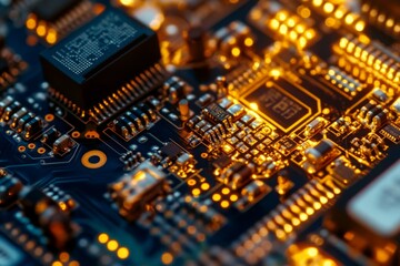Obraz premium Close-up View of Intricately Designed PCB with Gold-Colored Layers and Arranged Electronic Components for Depth Perception