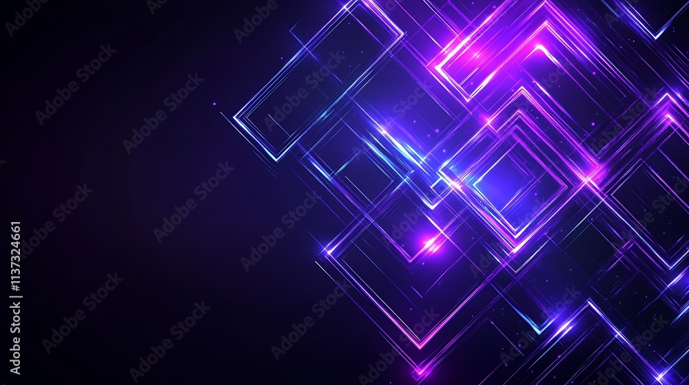 Poster abstract geometric background with glowing neon squares creating vibrant light patterns in dark spac
