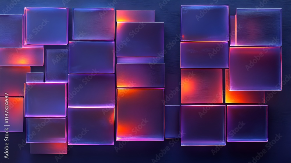 Poster abstract geometric colorful blocks with illuminated background in shades of purple and orange