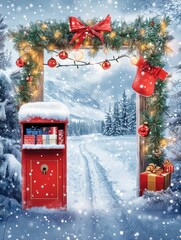 Merry Christmas, postcard with beautiful winter landscape, garlands and Santa letterbox with presents