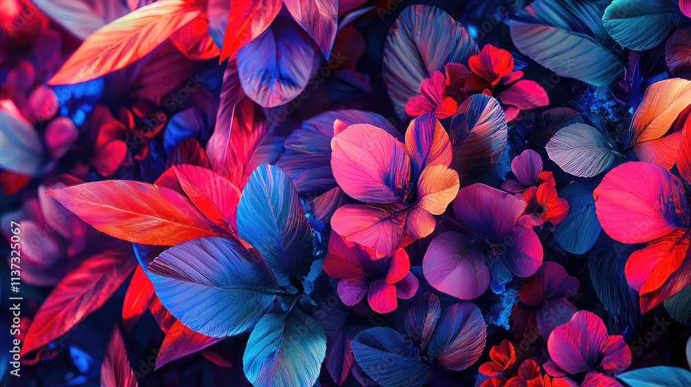 Poster explore a stunning abstract representation of vibrant flowers and leaves, showcasing a unique blend 
