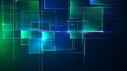 Abstract geometric shapes in vibrant blue and green colors with glowing effects on dark background