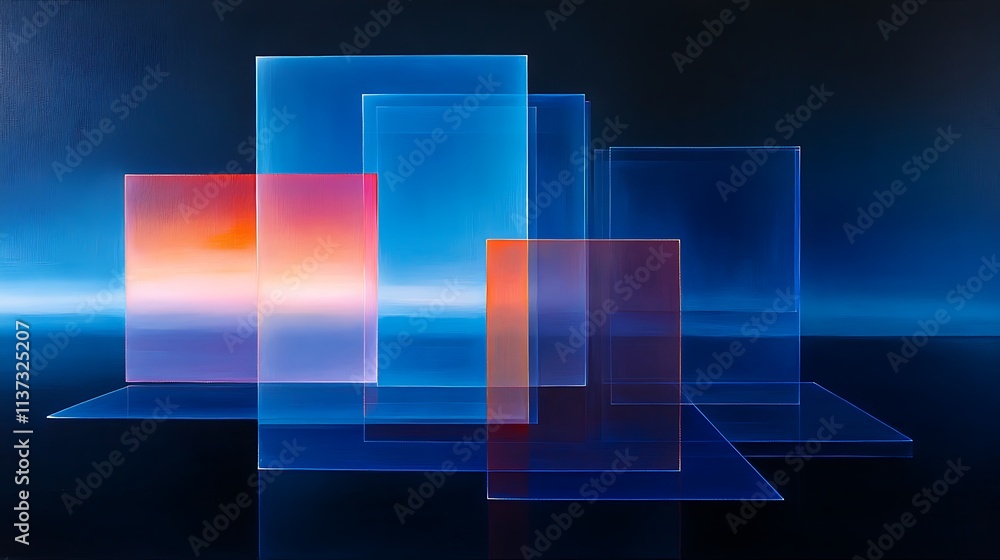 Poster abstract glass shapes with vibrant colors creating a modern and artistic composition on a dark backg