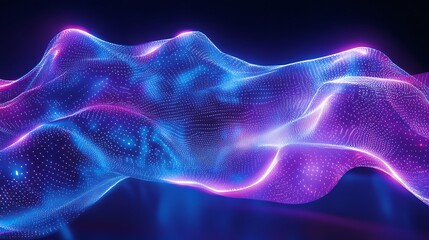 Abstract glowing digital waves in vibrant colors with intricate patterns and luminous particles against a dark background