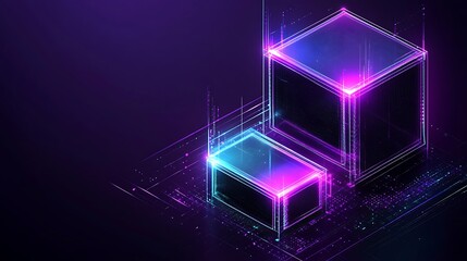 Abstract glowing neon boxes with vibrant lights against dark background for modern digital concepts