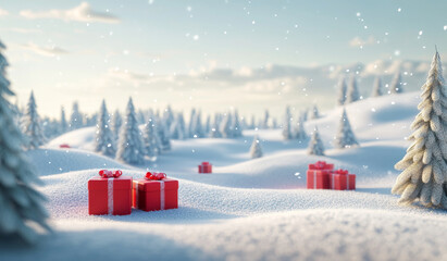 Red Gift Boxes on Snowy Winter Landscape.