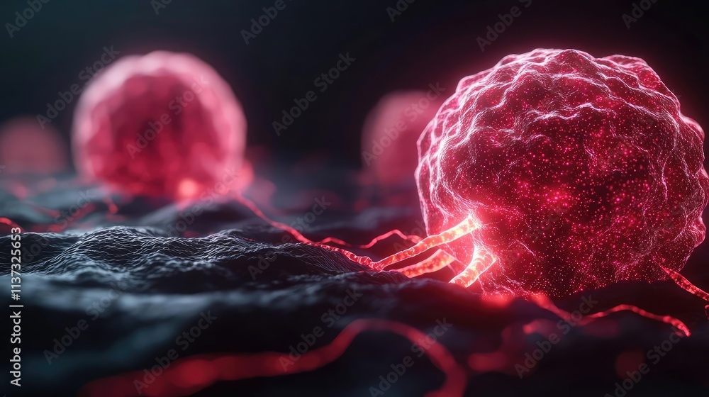 Aufkleber cancer cells concept. microscopic view of glowing cells, illustrating the complexity of cellular str