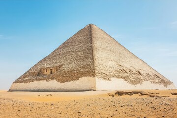 A pyramid structure in a desert landscape under a clear blue sky.