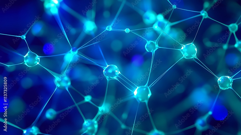 Poster abstract neon blue molecular structure with interconnected nodes in a futuristic digital background