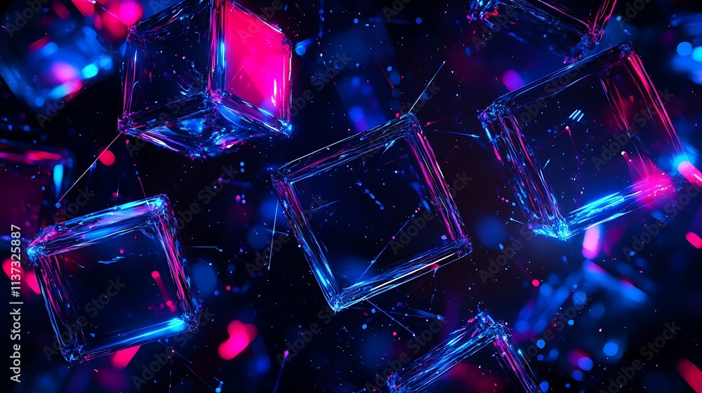 Poster abstract neon cubes with blue and pink lights creating a futuristic atmosphere with a dynamic backgr