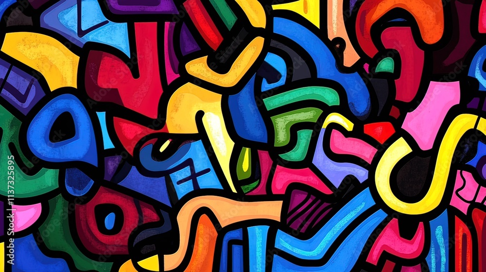 Poster abstract colorful shapes and lines forming a vibrant, dynamic composition.
