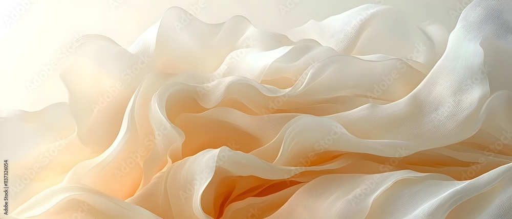 Poster an abstract composition of flowing, delicate fabric in soft beige and cream tones, creating a dreamy