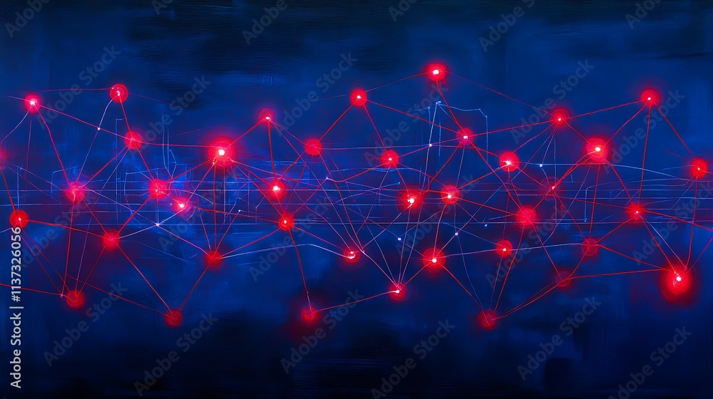 Poster abstract network connection illustration with glowing red nodes and lines on dark blue background