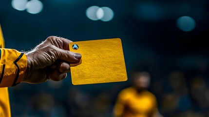 Referee Holds Yellow Card in Stadium;  Soccer Official Displays Warning During Game