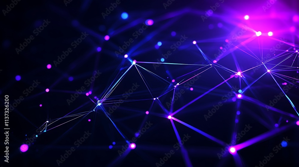 Poster abstract network visualization with glowing nodes and lines in vibrant purple and blue colors on a d