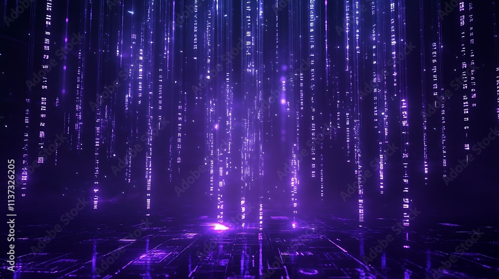 Poster abstract purple digital matrix with glowing lines in a futuristic background for technology and inno