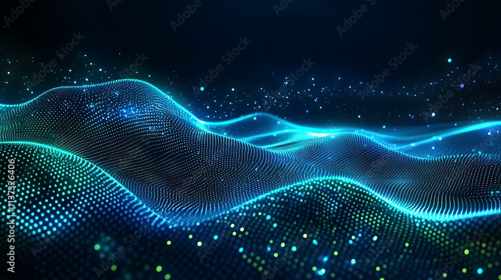 Poster abstract technology background with glowing waves and dots in blue and green colors for digital them