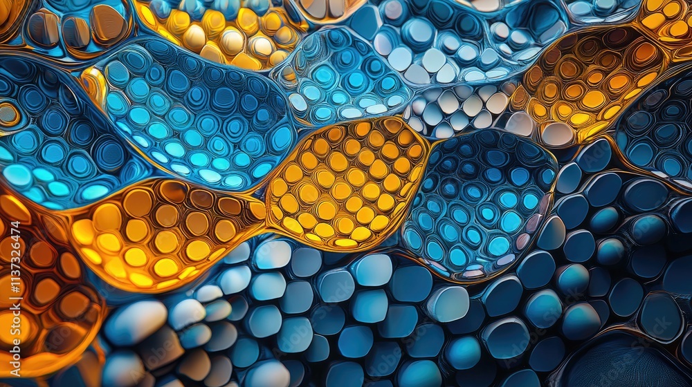 Aufkleber this image features an intricate abstract pattern of hexagons in vibrant blue and orange tones, crea