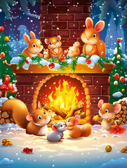 Cute animals gathered around a warm fireplace on a snowy winter night.